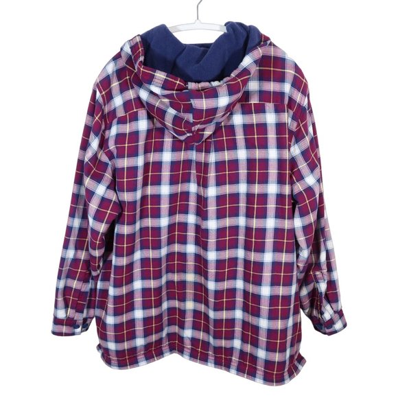 LL BEAN Hooded Burgundy Plaid Fleece Lined Flannel Shirt Shacket w/ Pockets 1X - Picture 2 of 7